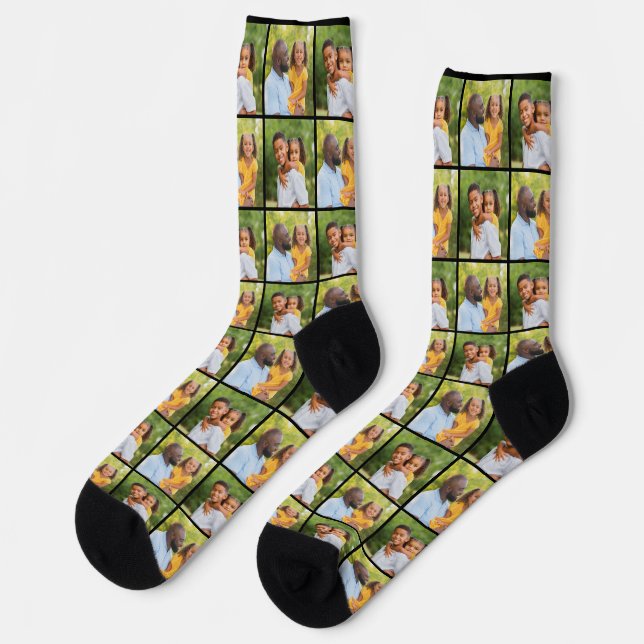 Modern Custom Dad Kids 2 Photo Collage Grid Socks (Left)