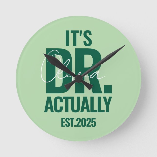 Modern Custom Dr. Name Date Dark Green Button Round Clock (Front)