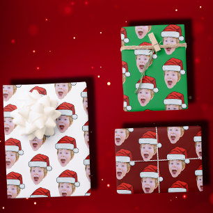 Modern Custom Face Photo Santa Claus Hat Christmas Wrapping Paper Sheet