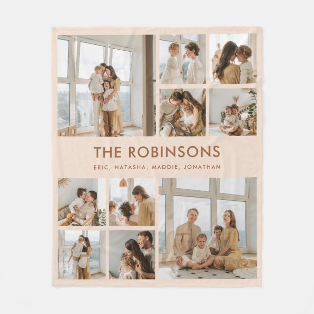 Modern Custom Family Name 10 Photo Collage Fleece Blanket (Front)