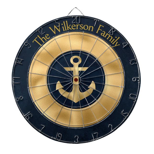 Modern Custom Family Name Nautical Blue and Gold Dartboard (Front)