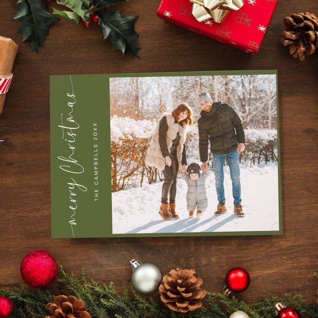 Modern Custom Family Photo Christmas Green Holiday Postcard (Creator Uploaded)