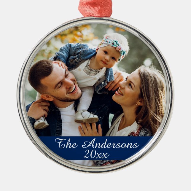 Modern Custom Family Photo Silver Metal Tree Decoration (Front)
