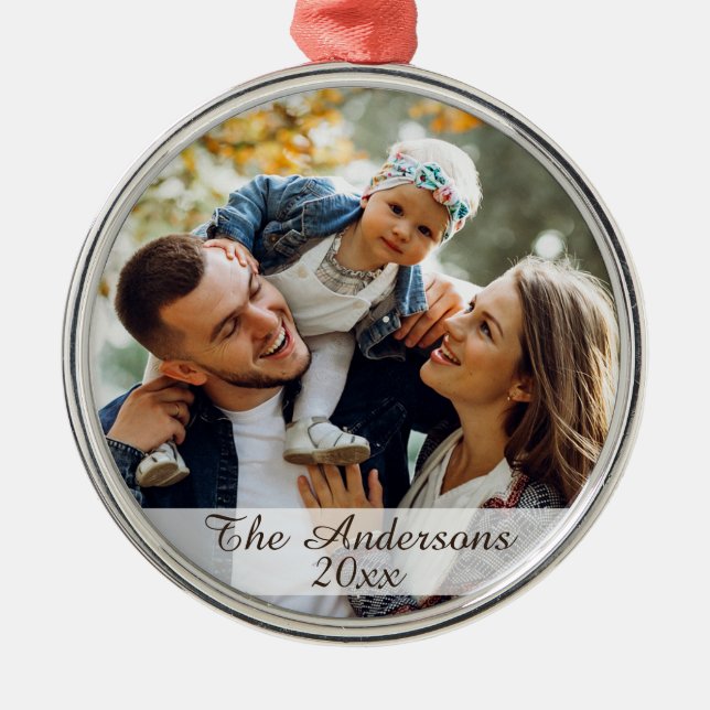 Modern Custom Family Photo Silver Metal Tree Decoration (Front)