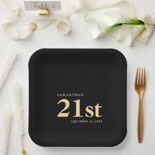 Modern Custom Gold Black 21st Name Date Paper Plate