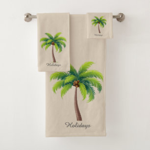 Modern Custom Green Palm Tree & Script on Beige Bath Towel Set