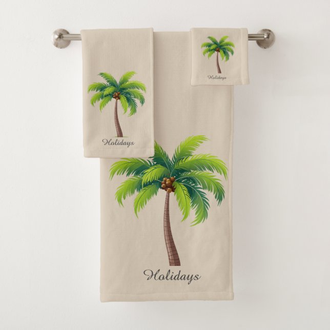 Modern Custom Green Palm Tree & Script on Beige Bath Towel Set (Insitu)