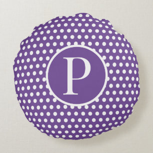 Modern Custom initial letter Polka Dot Purple Round Cushion