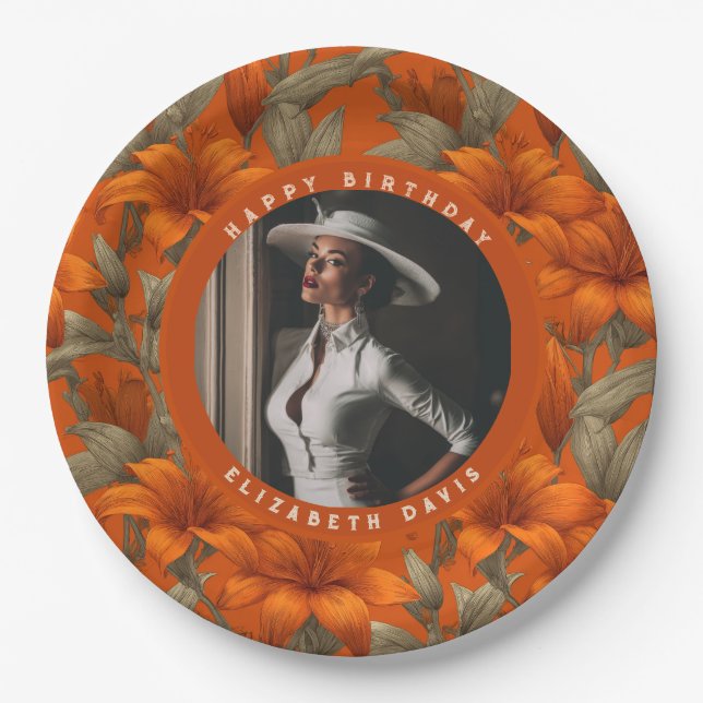Modern Custom Lilies Themed Birthday Party Paper Plate (Front)