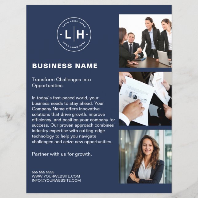 Modern Custom Logo Photo QR Navy Blue Business Flyer (Front)