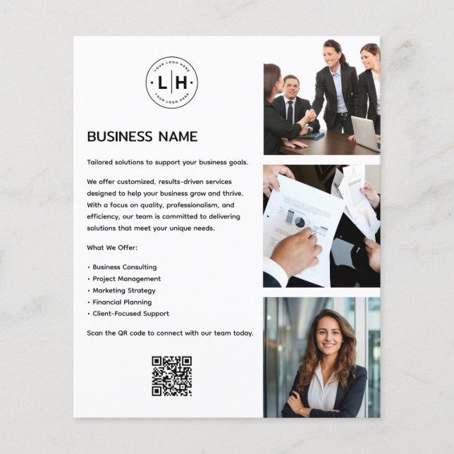 Modern Custom Logo Photo QR White Business Flyer (Front)