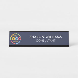 Modern Custom Logo Professional Navy Blue Simple Desk Name Plate