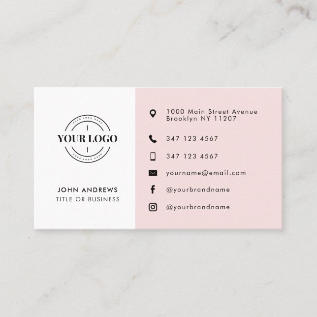 Modern Custom Logo Social Media Icons Blush Pink Business Card (Front)