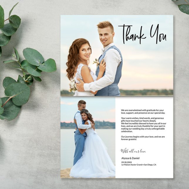 Modern Custom message 2 wedding photos Thank You Card (Wedding Photo on front and back Modern Thank you card with customizable message, names and date.)