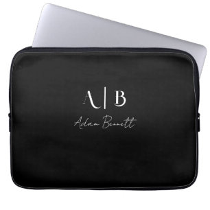 Modern Custom Monogram Initials Name Black Laptop Sleeve