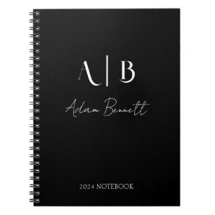 Modern Custom Monogram Initials Name Black Notebook