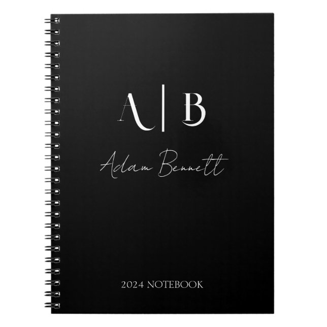 Modern Custom Monogram Initials Name Black Notebook (Front)
