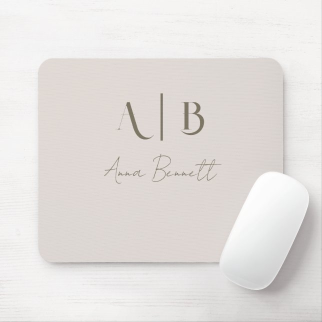 Modern Custom Monogram Initials Name Light Beige Mouse Mat (With Mouse)