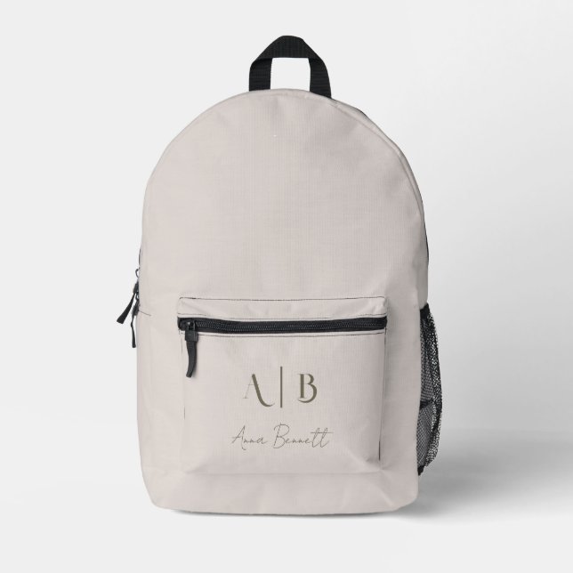 Modern Custom Monogram Initials Name Light Beige Printed Backpack (Front)