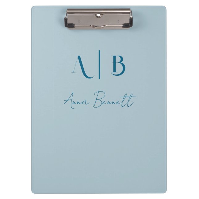 Modern Custom Monogram Initials Name Pastel Blue Clipboard (Front)