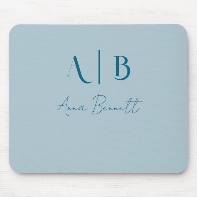 Modern Custom Monogram Initials Name Pastel Blue Mouse Mat (Front)