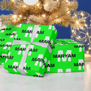 Modern Custom Monogram Name Bright Green Gift Wrapping Paper