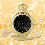 Modern Custom Monogrammed Classic Roman Black Gold Pocket Watch<br><div class="desc">Create your own custom, personalised, stylish classy modern, beautiful elegant faux gold script typography monogrammed, classic, roman numerals, chic, premium alloy, black and gold pocket watch. Simply type in your name / monogram / initial, to customise. Makes a great gift, for birthday, graduation, fathers day, christmas, holidays, wedding, marriage anniversary,...</div>