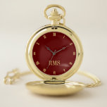 Modern Custom Monogrammed Elegant Classic Red Gold Pocket Watch<br><div class="desc">Create your own custom, personalised, stylish classy modern, beautiful elegant faux gold script typography monogrammed, classic, roman numerals, chic, premium alloy, red and gold pocket watch. Simply type in your name / monogram / initial, to customise. Makes a great gift, for birthday, graduation, fathers day, christmas, holidays, wedding, marriage anniversary,...</div>