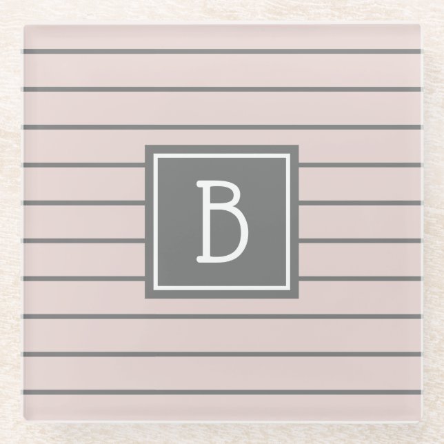 Modern Custom Monogrammed Pink & Grey Stripes Glass Coaster (Front)