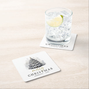 Modern Custom Name Black & White Christmas Tree Square Paper Coaster