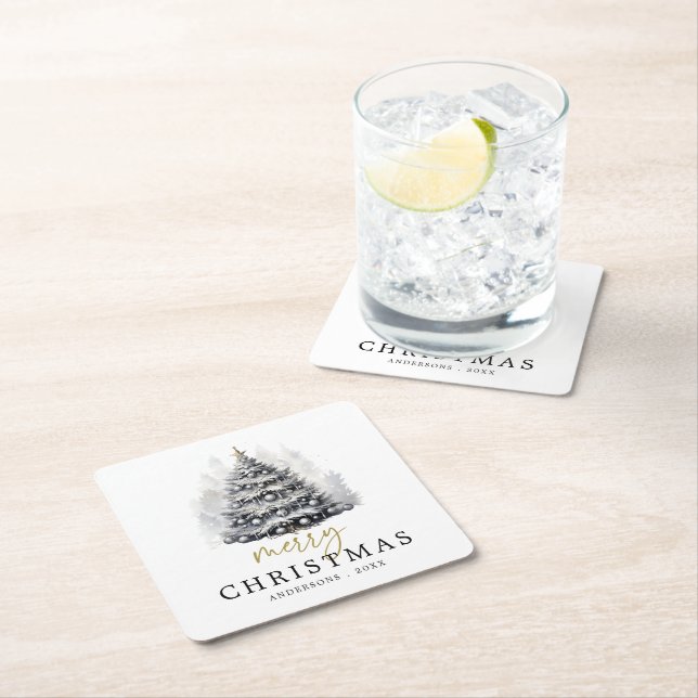Modern Custom Name Black & White Christmas Tree Square Paper Coaster (Insitu)