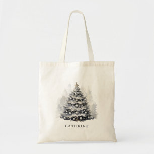 Modern Custom Name Black & White Christmas Tree Tote Bag