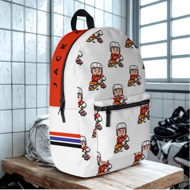 Modern Custom Name Cartoon Hockey Player Love Sign Printed Backpack (Modern custom cartoon hockey player name backpack)