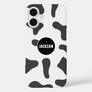 Modern Custom Name Cow Print Black White iPhone 16 Case