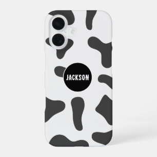 Modern Custom Name Cow Print Black White iPhone 16 Case