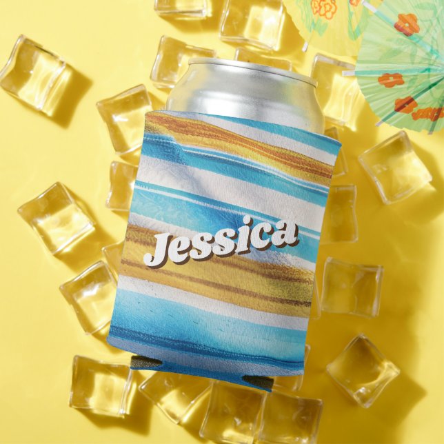 Modern  Custom Name Fun Blue Soft Yellow Can Cooler (In Situ Summer)