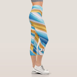 Modern  Custom Name Fun Blue Soft Yellow Capri Leggings