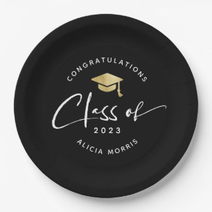 Modern Custom Name Graduation Trendy Script Gold Paper Plate