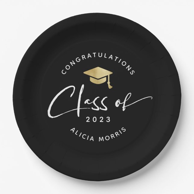 Modern Custom Name Graduation Trendy Script Gold Paper Plate (Front)