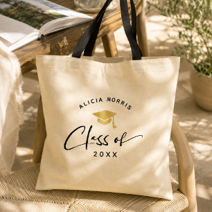 Modern Custom Name Graduation Trendy Script Gold Tote Bag