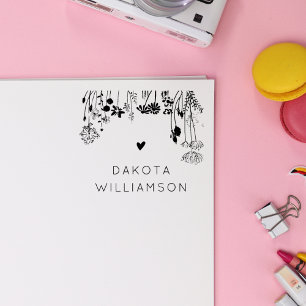 Modern Custom Name Heart Rustic Wildflowers Rubber Stamp