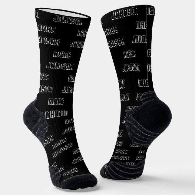 Modern Custom Name Pattern Black and White Socks (Angled)