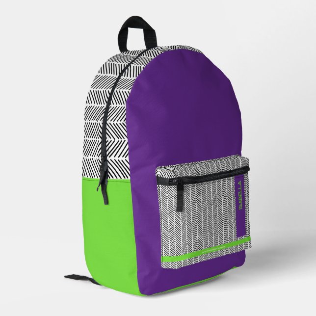 Modern Custom Name Purple Green | Personalised  Printed Backpack (Back Corner Left)