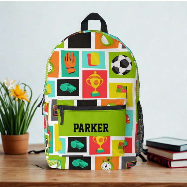 Modern Custom Name Soccer Football Pattern Black Printed Backpack (Modern custom name soccer football pattern black backpack)