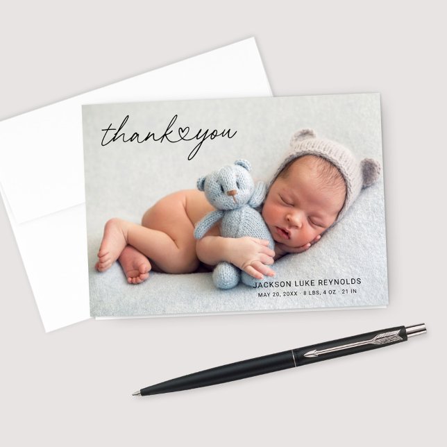 Modern Custom Newborn Baby Photo Heart Script Thank You Card (Creator Uploaded)
