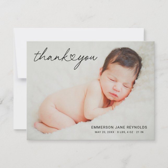 Modern Custom Newborn Baby Photo Heart Script Thank You Card (Front)