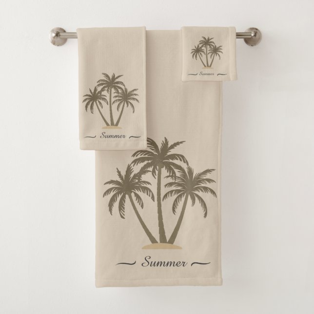 Modern Custom Palm Trees & Script on Beige Bath Towel Set (Insitu)