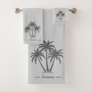 Modern Custom Palm Trees & Script on Gray Bath Towel Set