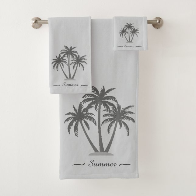 Modern Custom Palm Trees & Script on Grey Bath Towel Set (Insitu)
