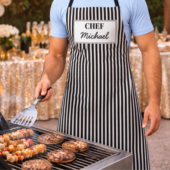 Modern Custom Personalized Chef Black Striped Apron (Creator Uploaded)